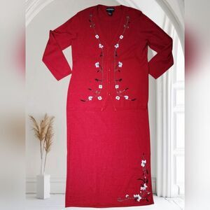 Requirements Red Two-Piece Knit Set Embroidered Floral Cardigan & Skirt M/L